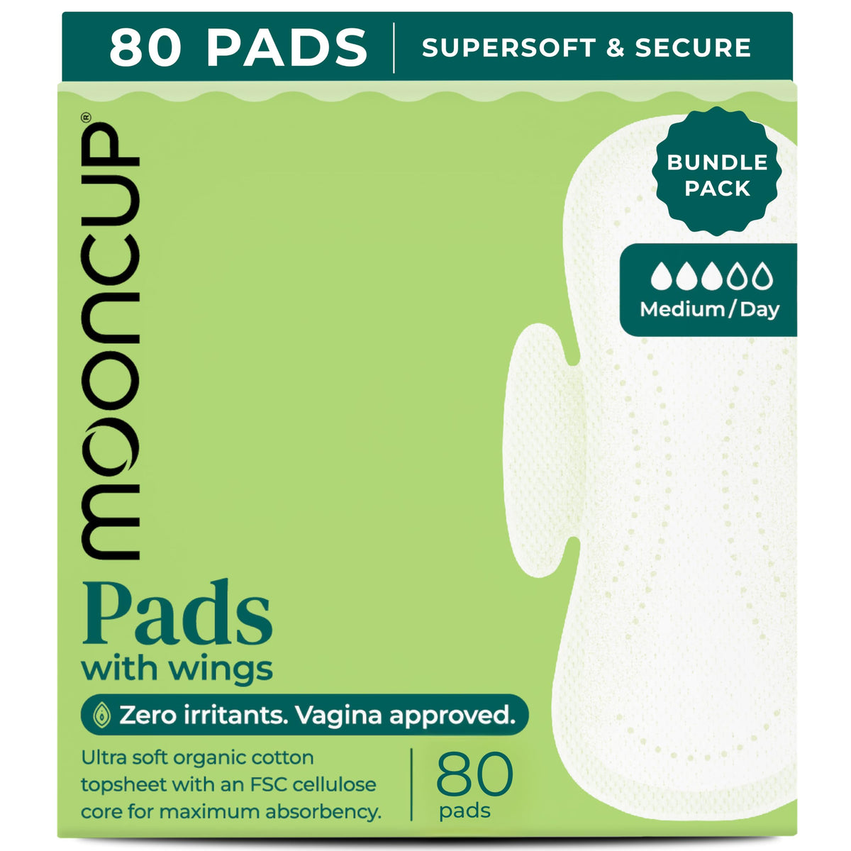 Mooncup Pads with Wings - Biodegradable Pads Made with Organic Cotton for Irritation-Free Period Care - Leakproof, Plastic-Free, Highly Absorbent Protection for Sensitive Skin - (20) Heavy/Night