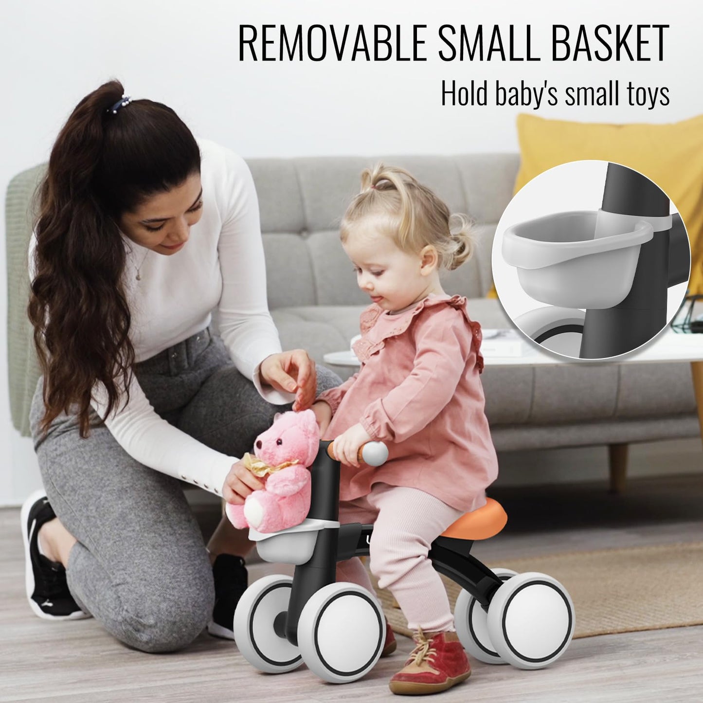 Umatoll Baby Balance Bike for 1 Year Old Boys Girls, 12-24 Months Toddler Balance Bike with Removable Basket, Adjustable Seat, 4 Wheels Infant Bike, First Birthday Gift