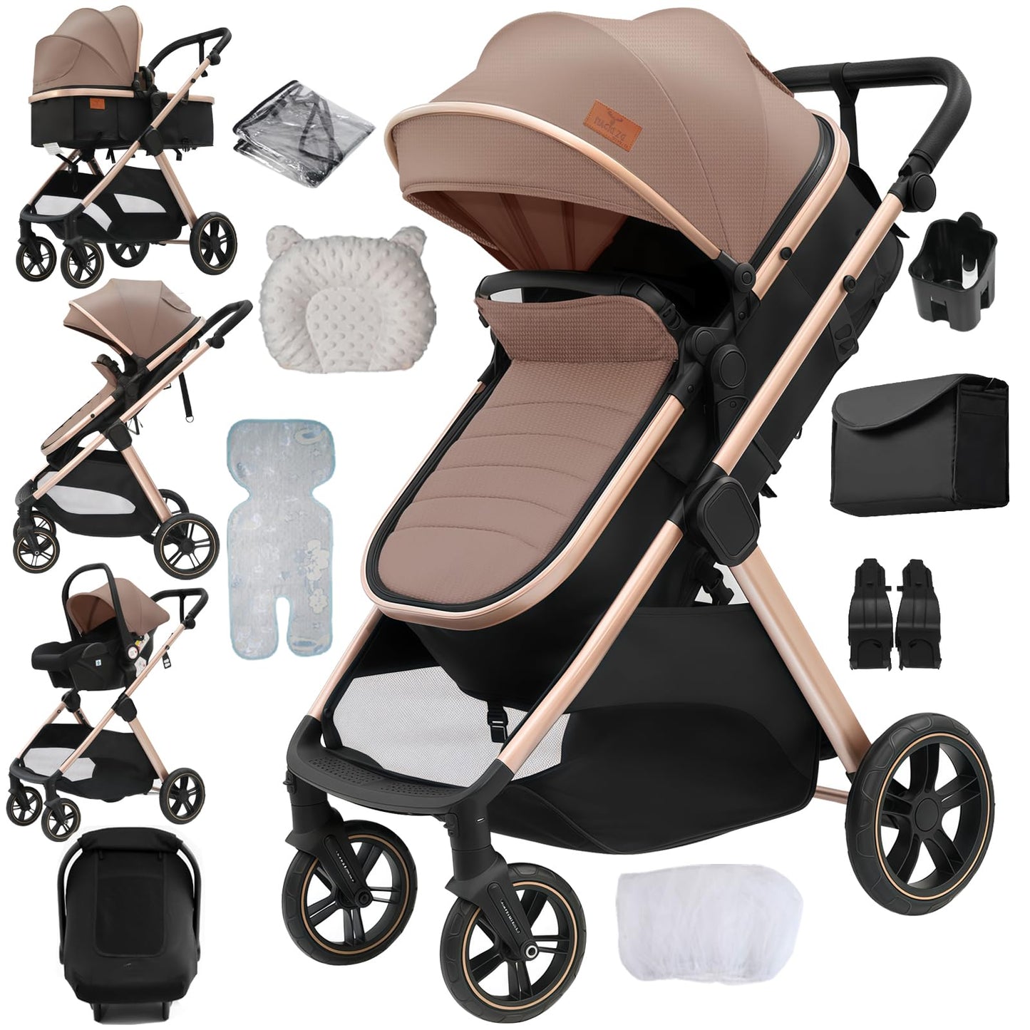 PU Leather 3 in 1 Pushchair Travel System, Toddler Stroller, Baby Pram 3 in 1, Infant Carriage with One-Click Folding, Newborn Buggy with Aluminum Frame (V6 Black)