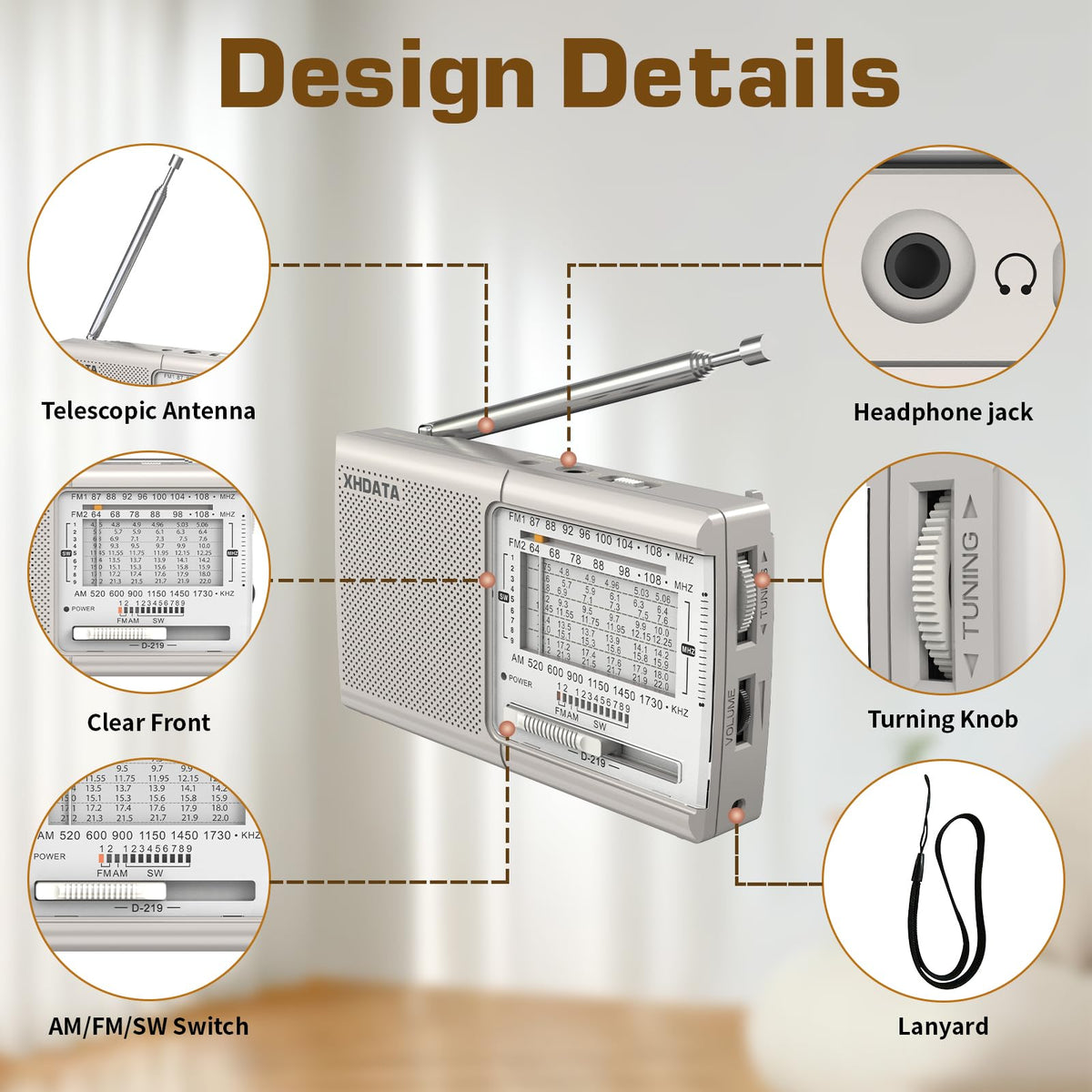 XHDATA D219 Portable Radio Retro FM AM SW Radio Battery Operated for Household Outdoor Camping Hiking Pocket Radio Grey