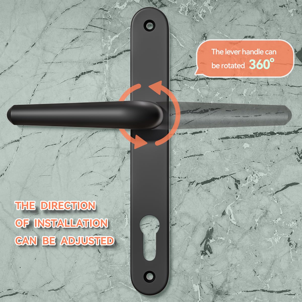 Bwintech 1 Set Black UPVC Door Handle Set, 92mm Backset,122mm Screw Hole Distance, 210mm Plate Length Front Door Handles for UPVC Door