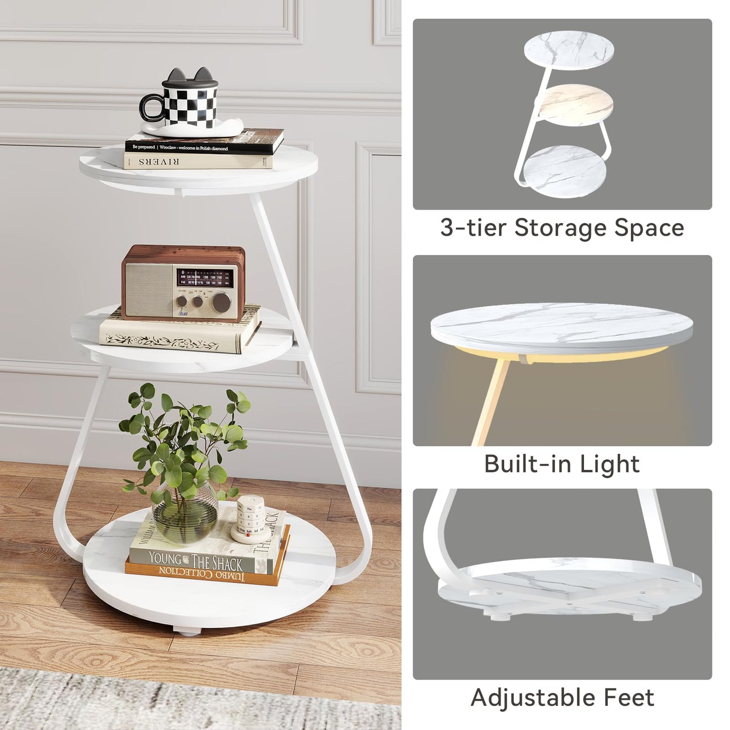 ARTETHYS Side Table, Small Round Coffee Table with 3 Color LED Lights, End Table with 3 Tier Storage Shelves, Bedside Sofa Side Tables for Living Room Bedroom, Rustic Brown