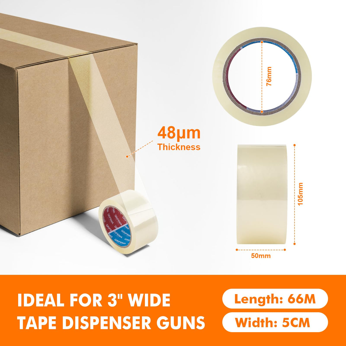 GRIFEMA GA4003-6 Clear Low Noise Packing Tape 50mm x 66m 6 Rolls