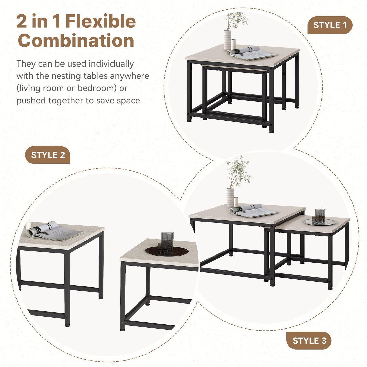 Hawthyhome Coffee Tables, Round Nesting Tables Tet of 2, Modern Side Tables with Metal Frame, Industrial Stacking End Tables for Living Room Bedroom Office, 60 * 60 * 45cm, Brown