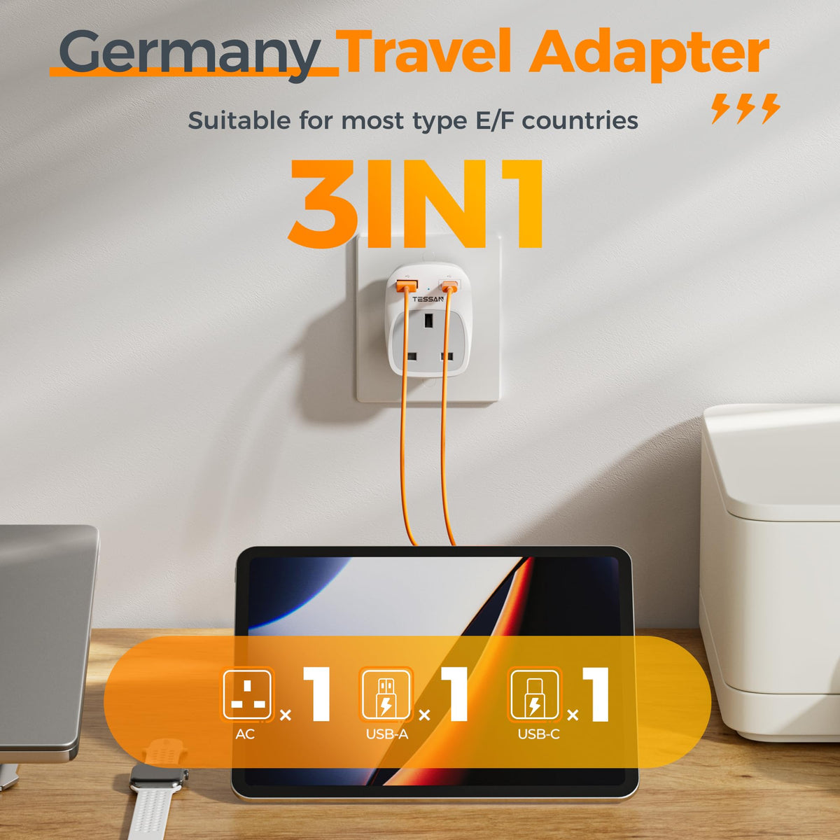TESSAN UK to Australia Plug Adapter, Type I AU NZ Travel Adapter with USB C