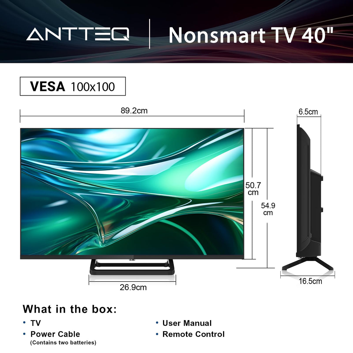 Antteq 32 Inch TV, Central Stand Design TV 720P Freeview HD Dolby Audio DVB T2/S2 LED Television, HDMI USB Media Player Monitor PS5 Xbox, Standard Nonsmart TV Small Screen for Bedroom Kitchen Black