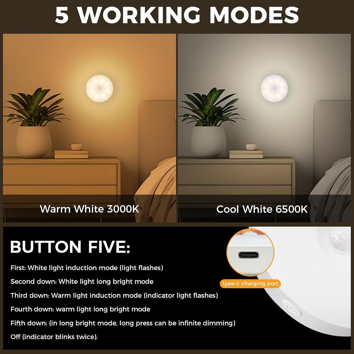 Jsdoin Motion Sensor Lights Indoor, Pack of 6 Wireless LED Rechargeable Magnetic Wall Sconces, USB Rechargeable, Staircase, Hallway, Kitchen, Under Cabinet Suction Cup Lights Warm and White
