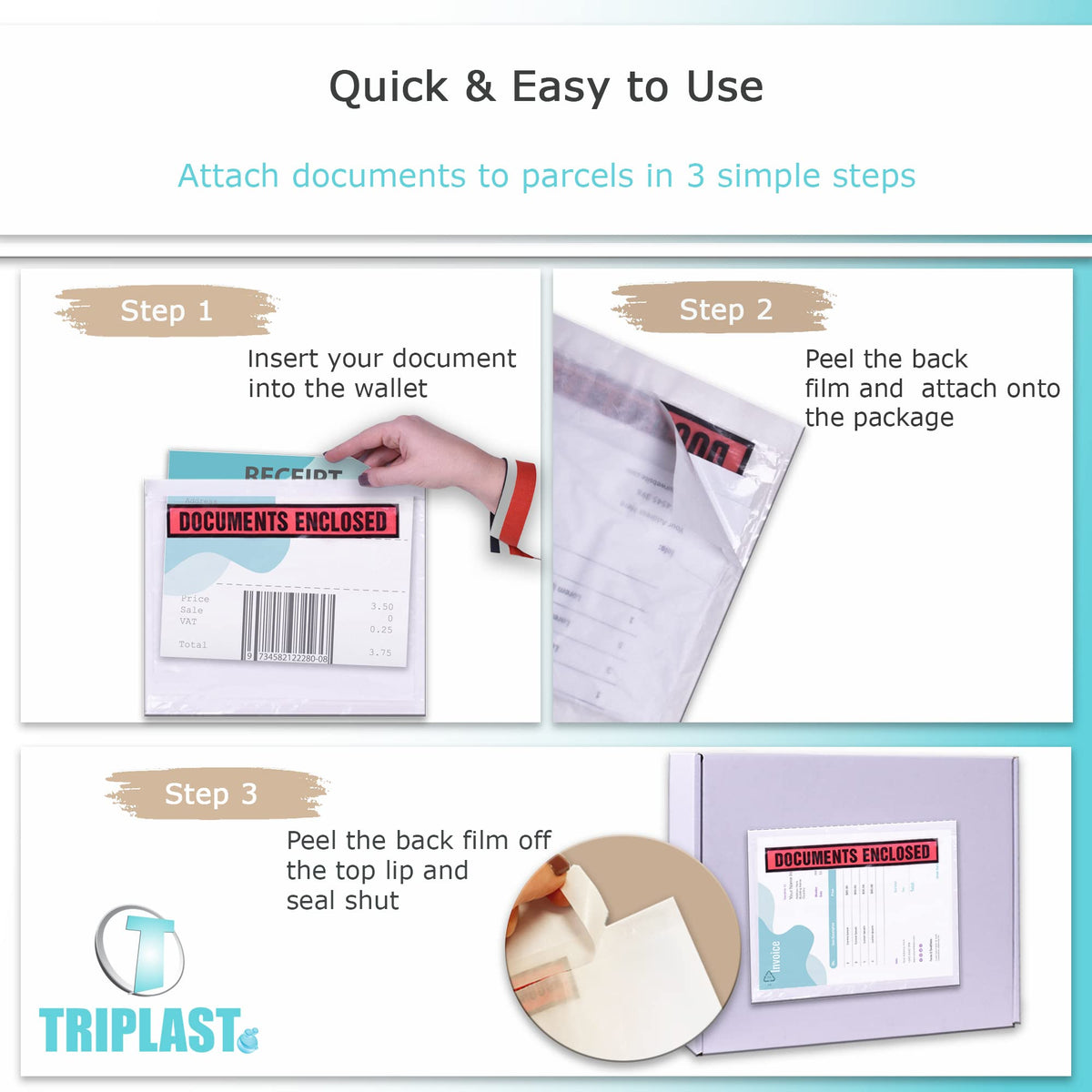Triplast 200 x DL Printed Document Enclosed Wallet (230 x 110 mm) | Peel & Seal Clear Plastic Envelopes/Sleeves/Pockets/Wallets | Attach Invoices, Packing Lists & Delivery Notes to Parcels