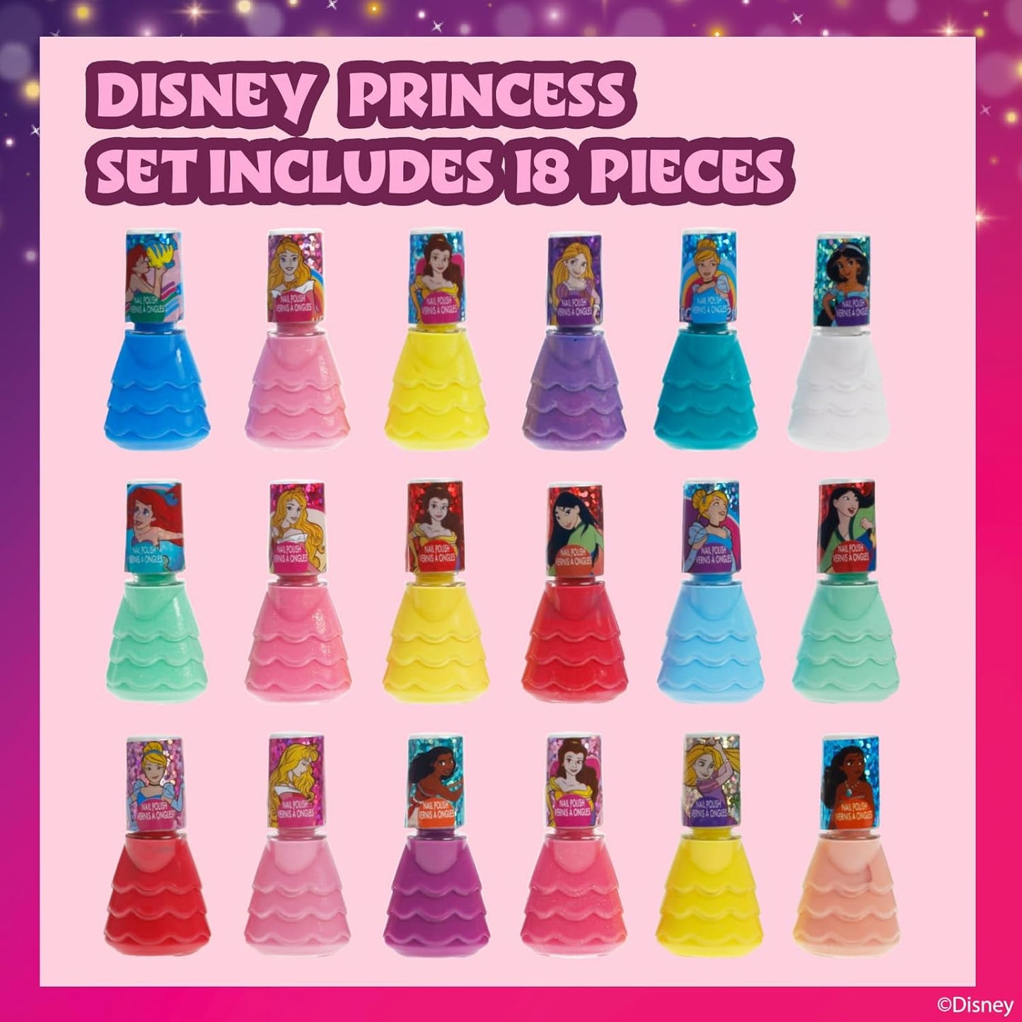 Disney Princess 18 Piece Water Based Nail Polish Set, Castle Theme, Quick Dry and Peels-Off, Nail Paint Set for Girls, Perfect for Parties by Townley Girl