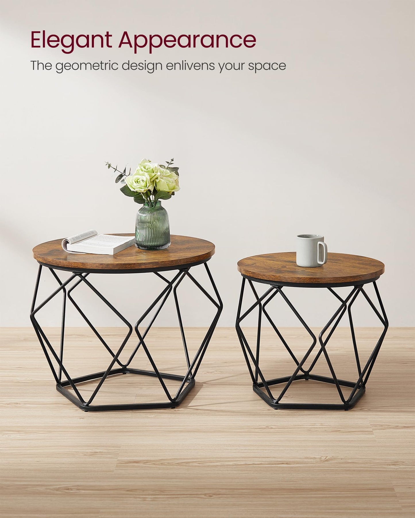 VASAGLE Coffee Tables, Set of 2 Side Tables, Robust Steel Frame, for Living Room, Bedroom, Rustic Brown and Black LET040B01