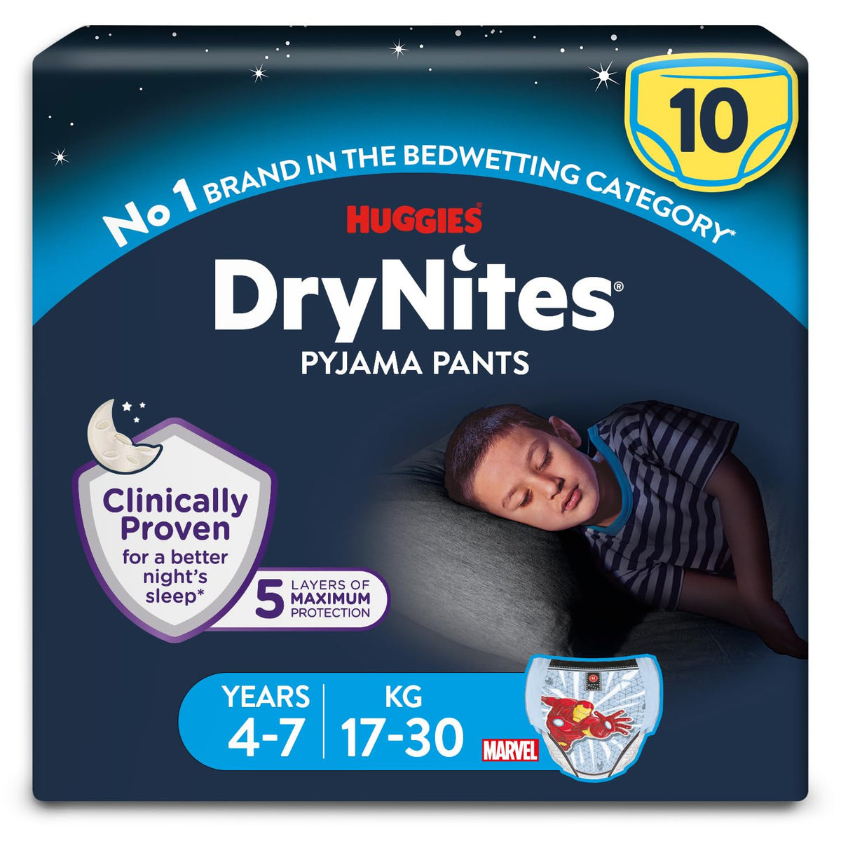 HUGGIES DryNites, Pyjama Pants, Boys 4-7 Years (17-30KG), 64 x bedwetting Pants, Up to 100% Leak Free Nights