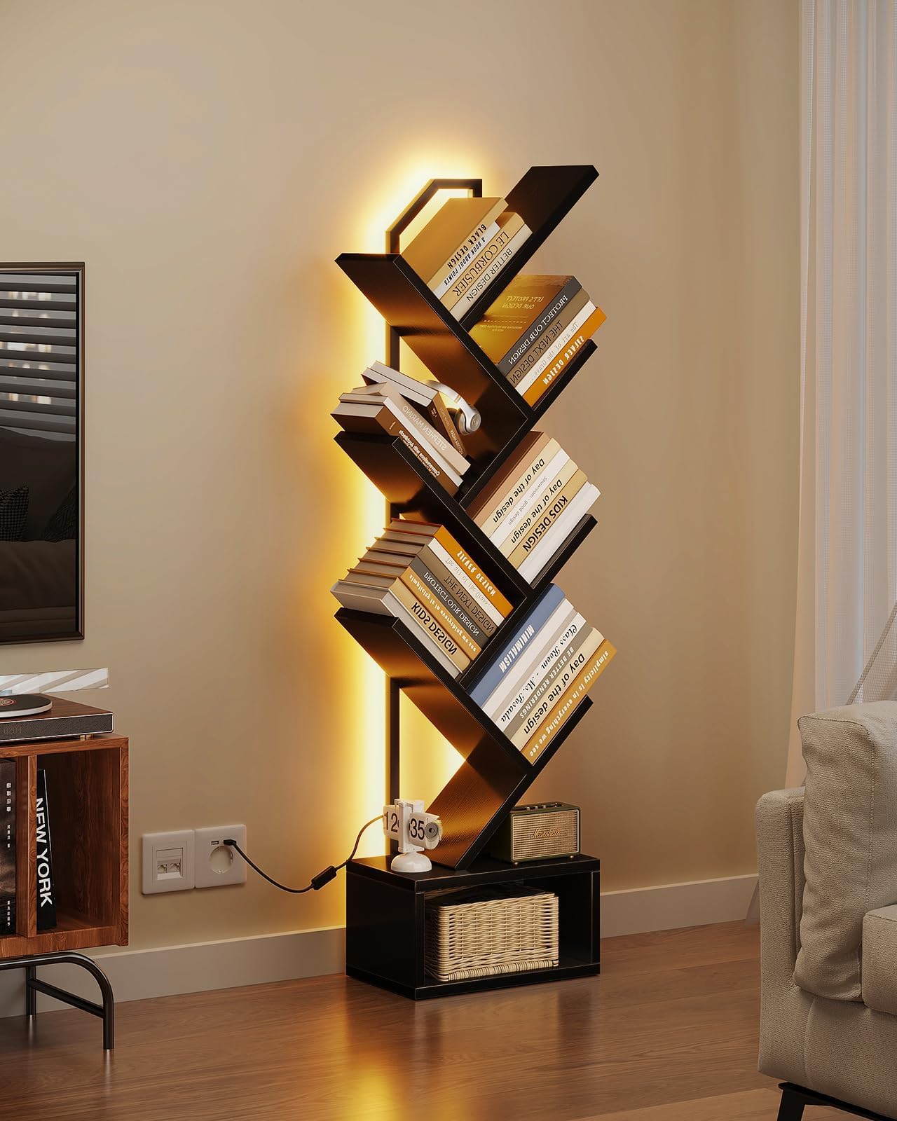 Coleshome Tree Bookshelf, 6-Tier Floor Standing Bookcase, Bookcases suitable for bedrooms and living rooms, Wooden bookshelves suitable for bedrooms and living rooms, White