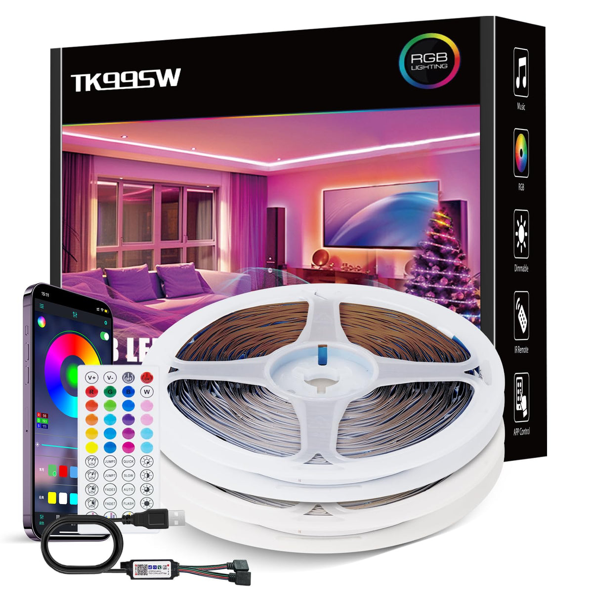 Led Strip Lights 1M/3.28ft, TV LED Backlight with Smart App Control Remote, 5050 RGB Music Sync Colour Changing, USB Smart LED Strip Light for TV,Computer, Monitor, Bedroom, Party and Home Decoration