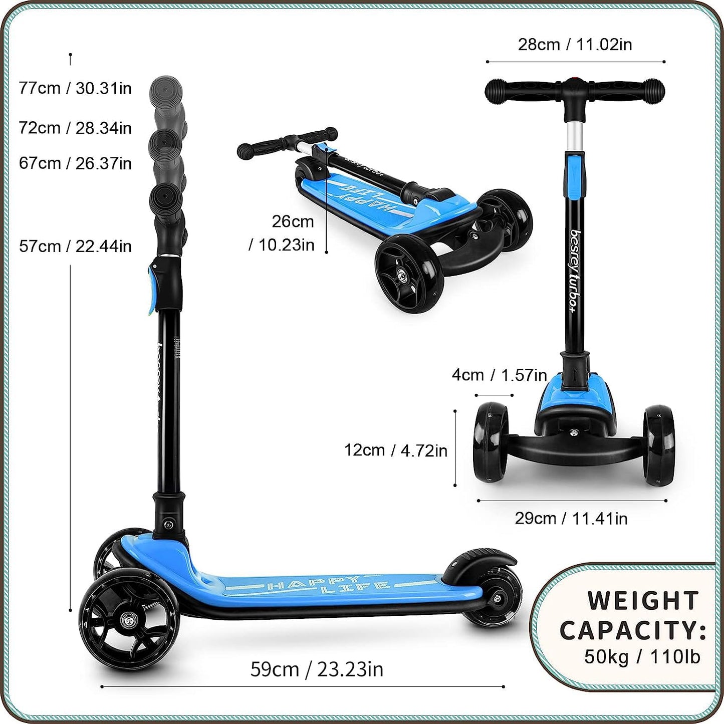 besrey 3-Wheel Toddler Scooter with Lean-to-Steer — Foldable, Anti-Slip Deck | Max 50 kg