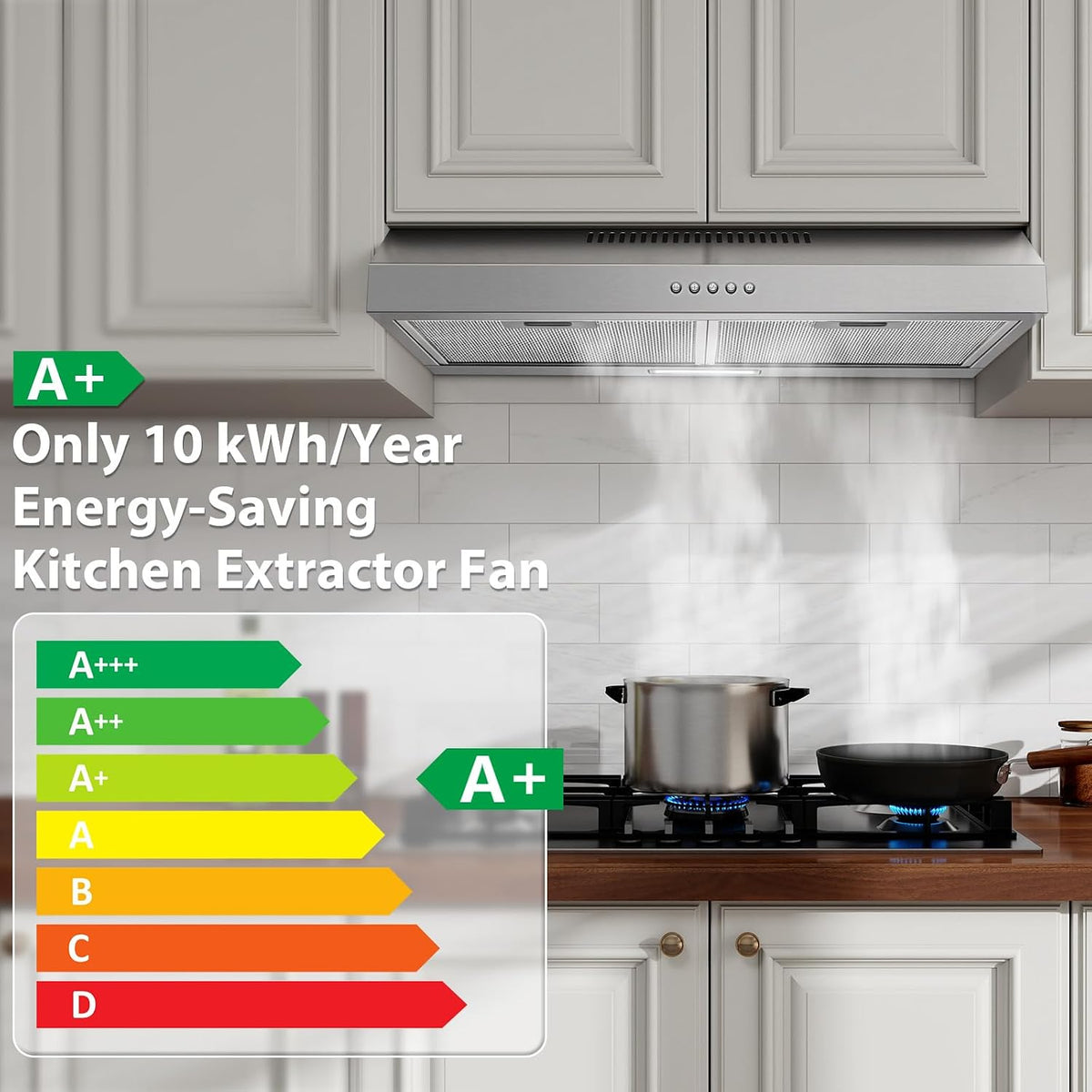 TopStrong 60cm Under Cabinet Cooker Hood, 250m³/h Slim Kitchen Extractor Fan, 3 Speed, A+ Energy Rating, LED Light, 430 Stainless Steel, Recirculating & Ducted Extractor Hood