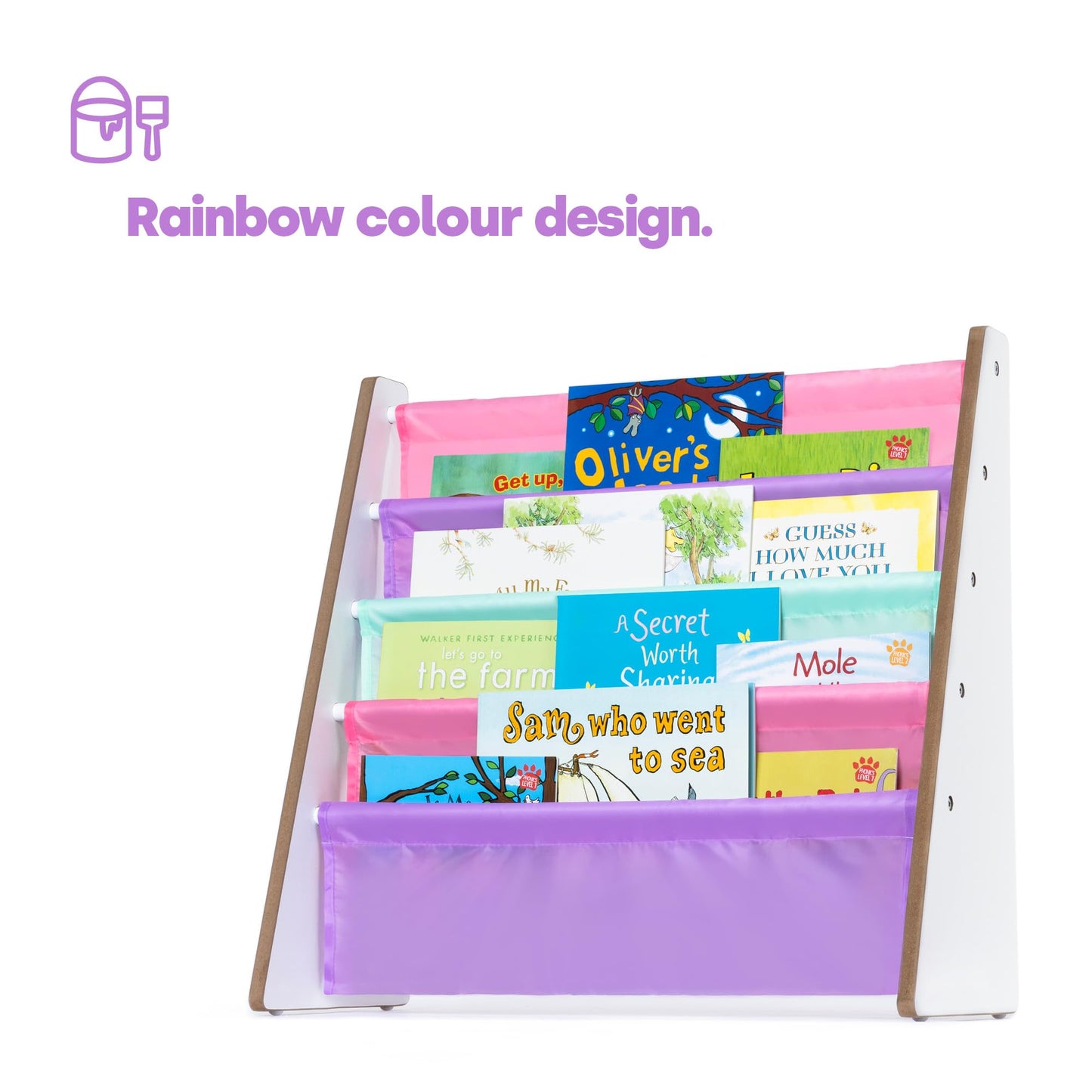 LIVIVO Colorful Kids Bookshelf - 4 Tier Children's Bookcase, Magazine and Book Storage Rack, Wooden Sling Book Organizer, Book Shelf for Kids Room, Bedroom, Nursery, Playroom (Natural)