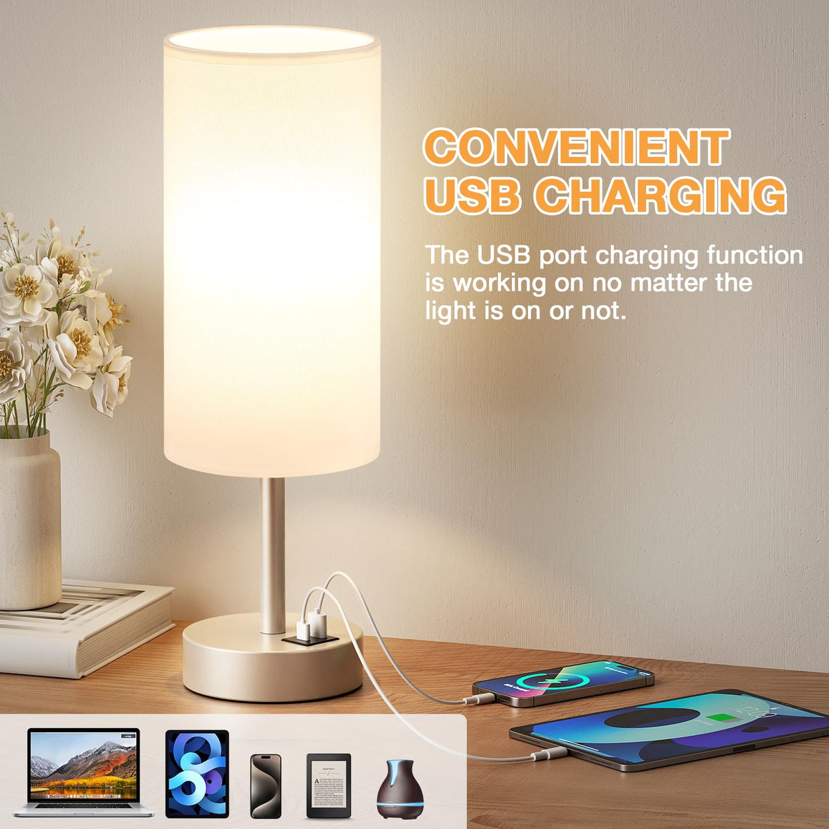 Aooshine Grey Table Lamp, 3-Way Dimmable, USB A + C Charging