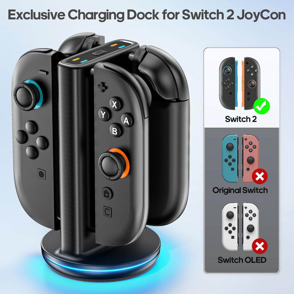 Rysker RGB Switch 2 Controller Charger for Joy-pad 2, 2H Fast Joycon 2 Charging Dock for Any Direction Charging, 9 Light Modes Switch 2 Joycon Charger Station