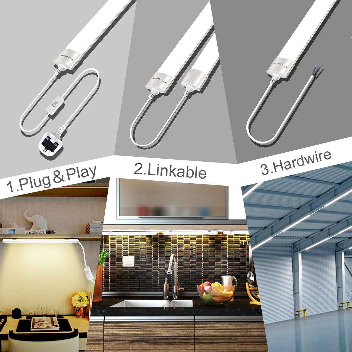 Plug and Play LED Batten Light 4ft with 3m Cable, 36w, 6500K