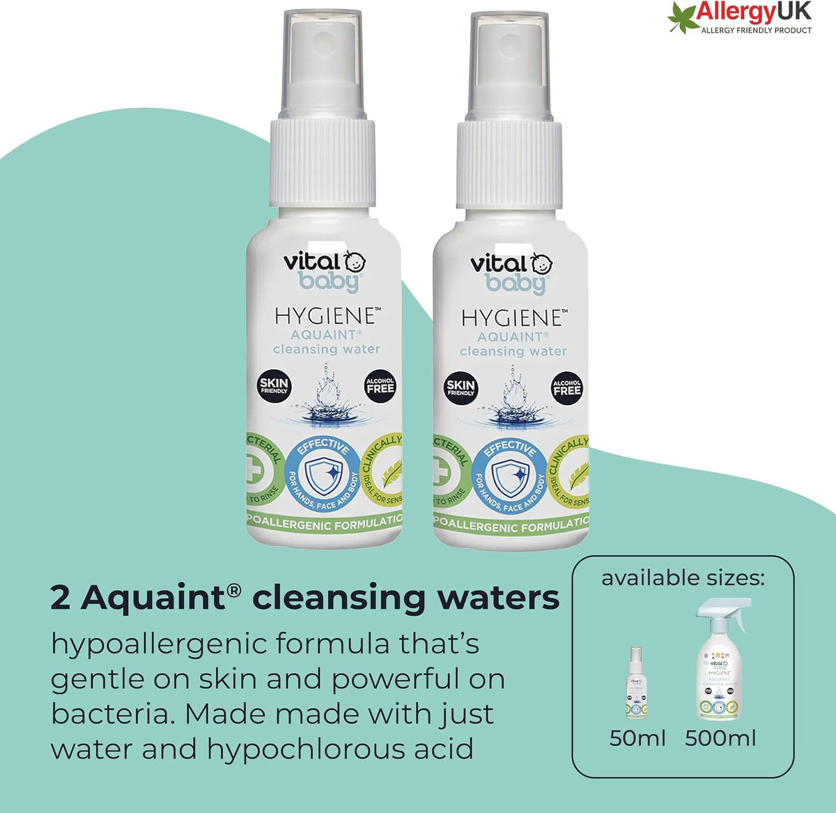 Vital Baby Aquaint Cleansing Water 50ml, 2 Pack| Hypoallergenic, Antibacterial