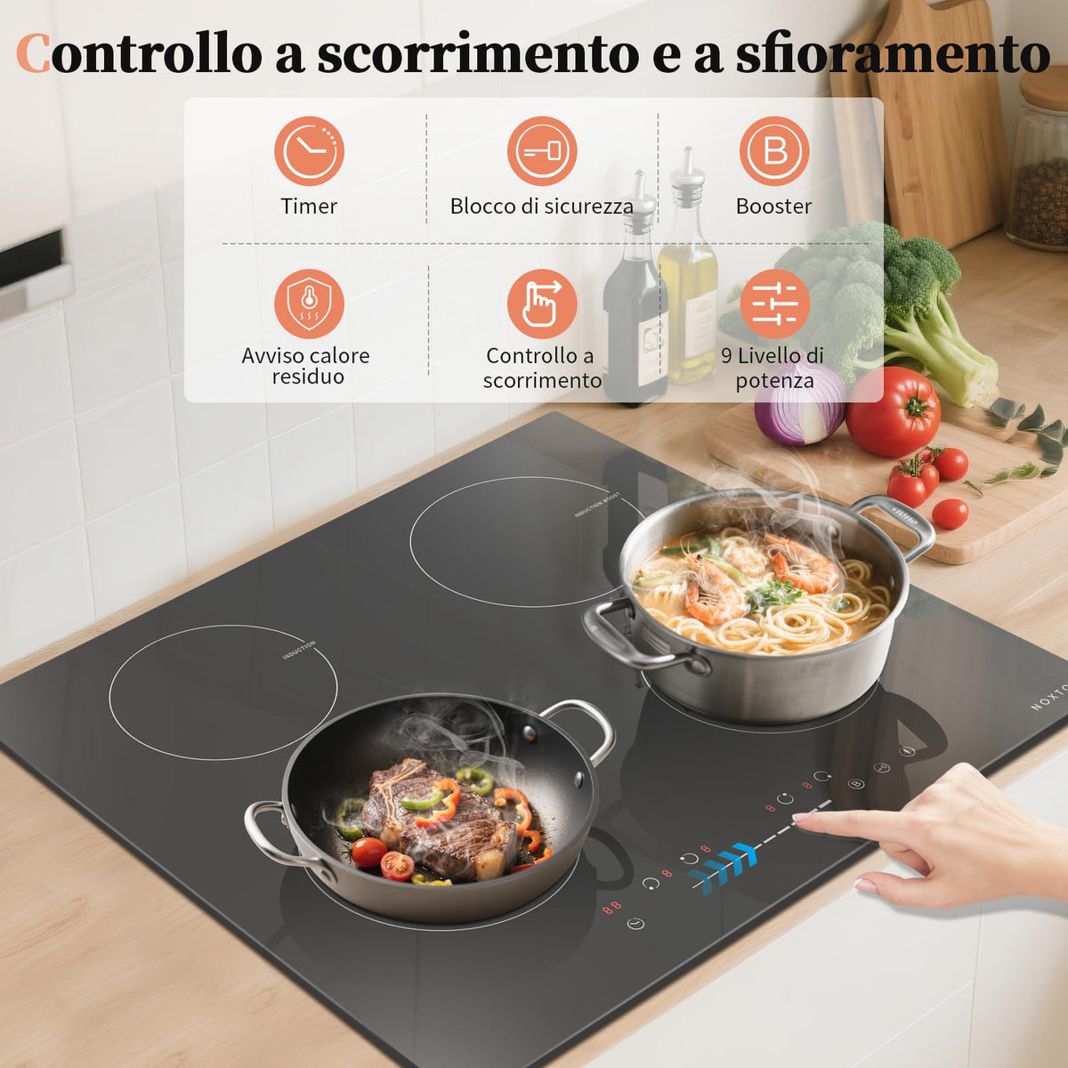 Noxton Plug in Induction Hob, 4 Zones Electric Hob 60cm, Touch Control with Child Safety Lock,UP to 99 Min Timer Black Crystal Glass