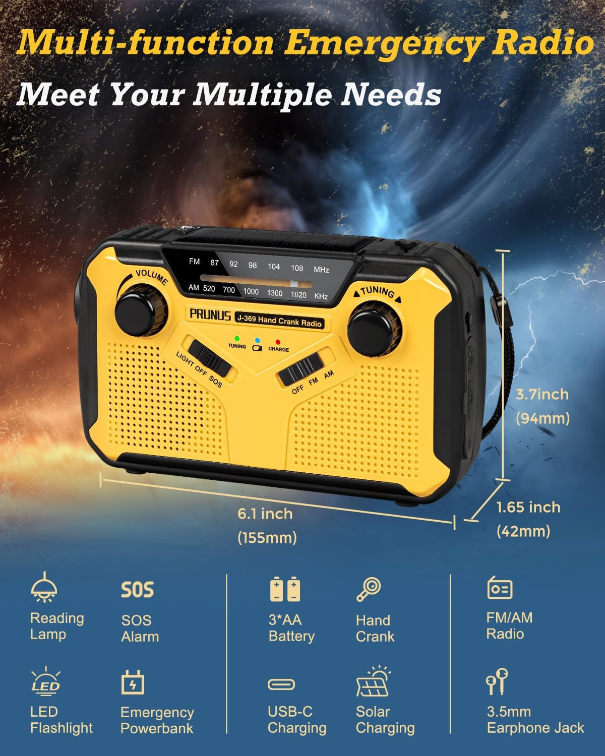 PRUNUS J-369 Wind Up Radio Solar, AM/FM Emergency Hand Crank Radio