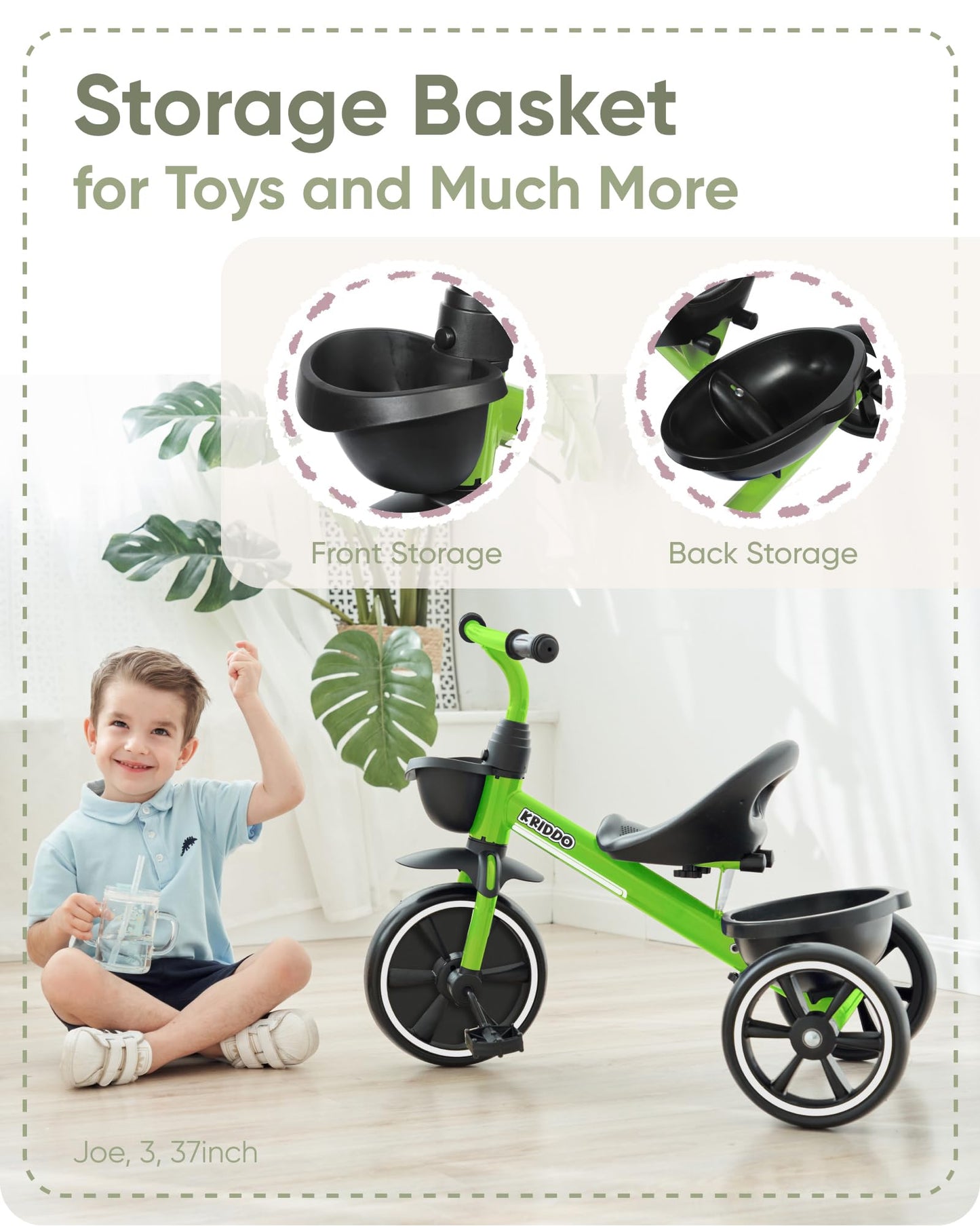 KRIDDO Toddler Tricycle — Anti-Tip Design, BPA-Free | Ages 18 Months to 4 Years | Pink