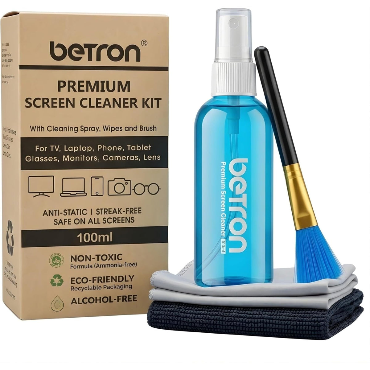 Betron Screen Cleaner Spray Kit with Cloth for TV, Laptop, Monitor, 200ml