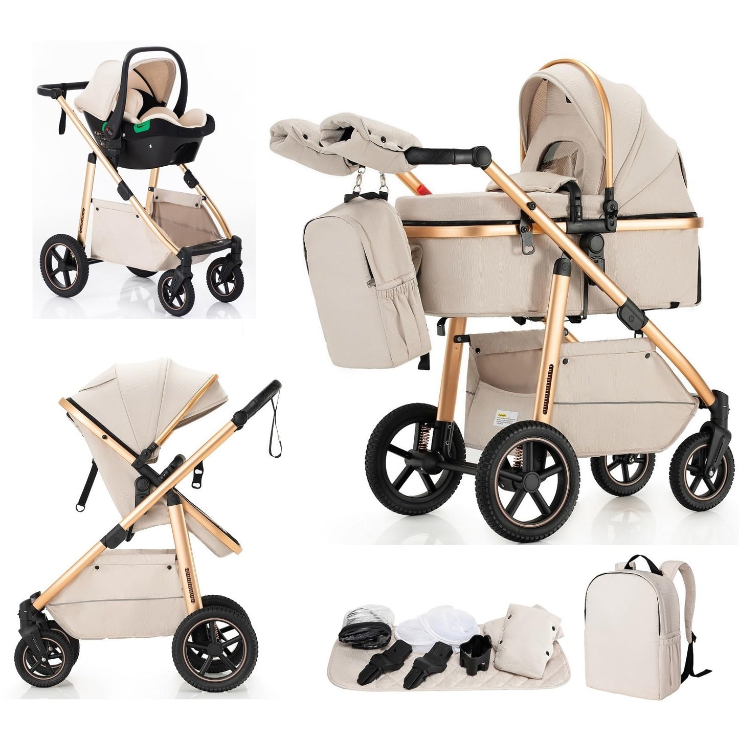 Baby Stroller 3 in 1,Travel Pushchair's Lie-Flat Pram is Foldable, Stroller System Handle is Adjustable, The Wheels are Made of PU Material, Suitable for 0-3 Years-Khaki