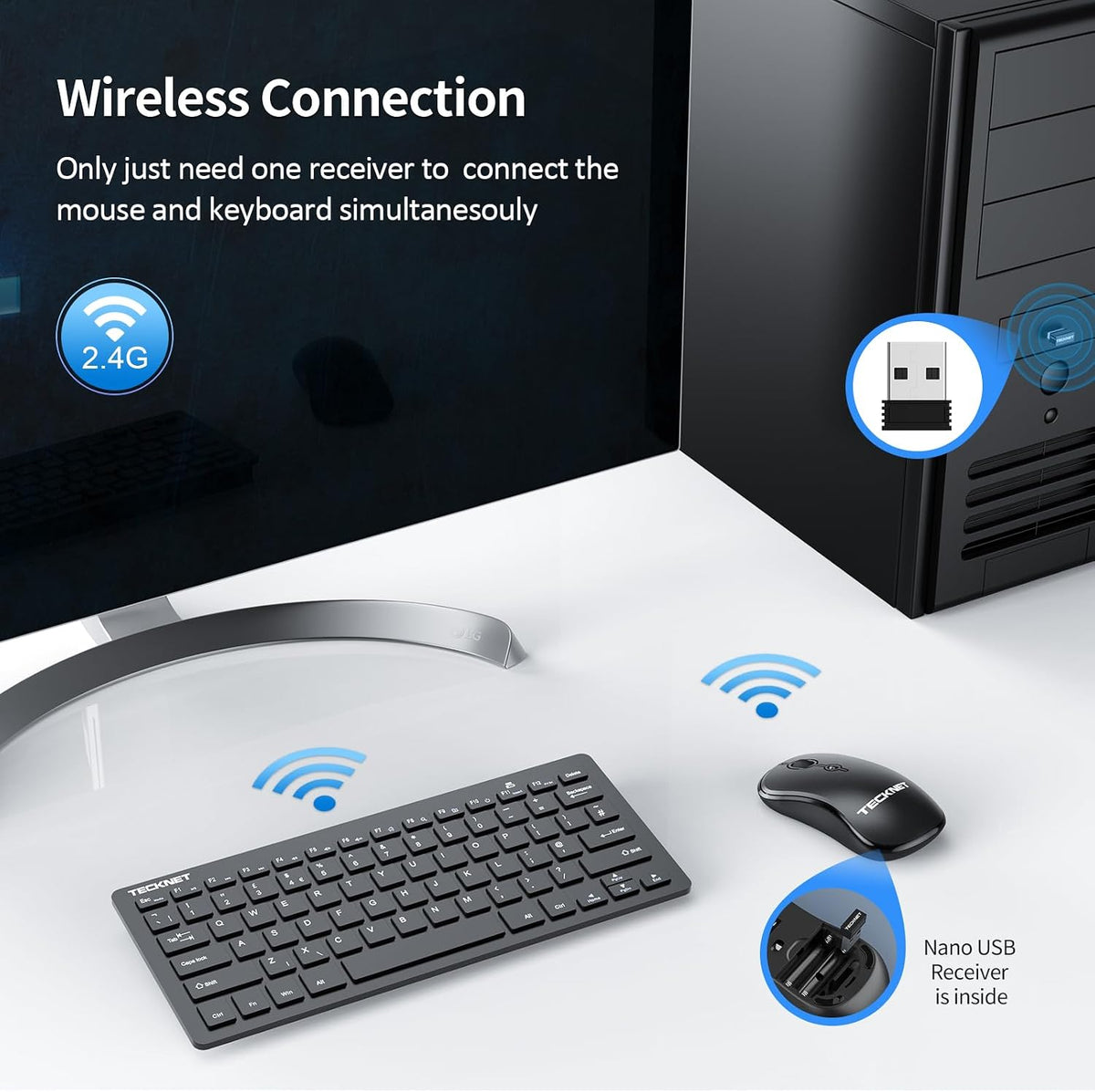 TECKNET Mini Wireless Keyboard and Mouse Set, 2.4G Cordless USB, Black