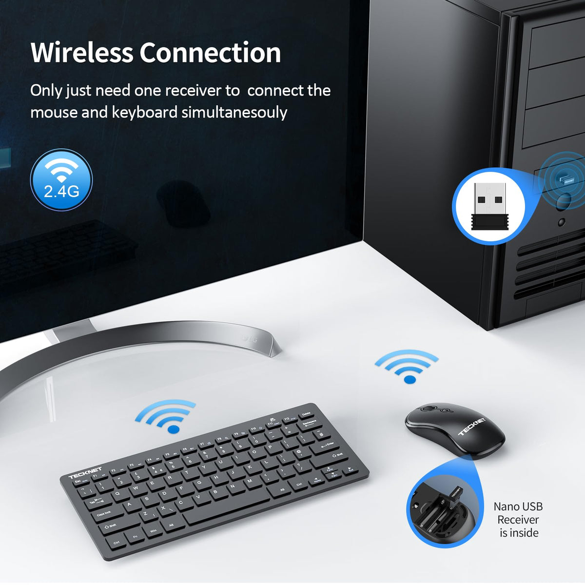 TECKNET Mini Wireless Keyboard and Mouse Set, 2.4G Cordless USB, Black