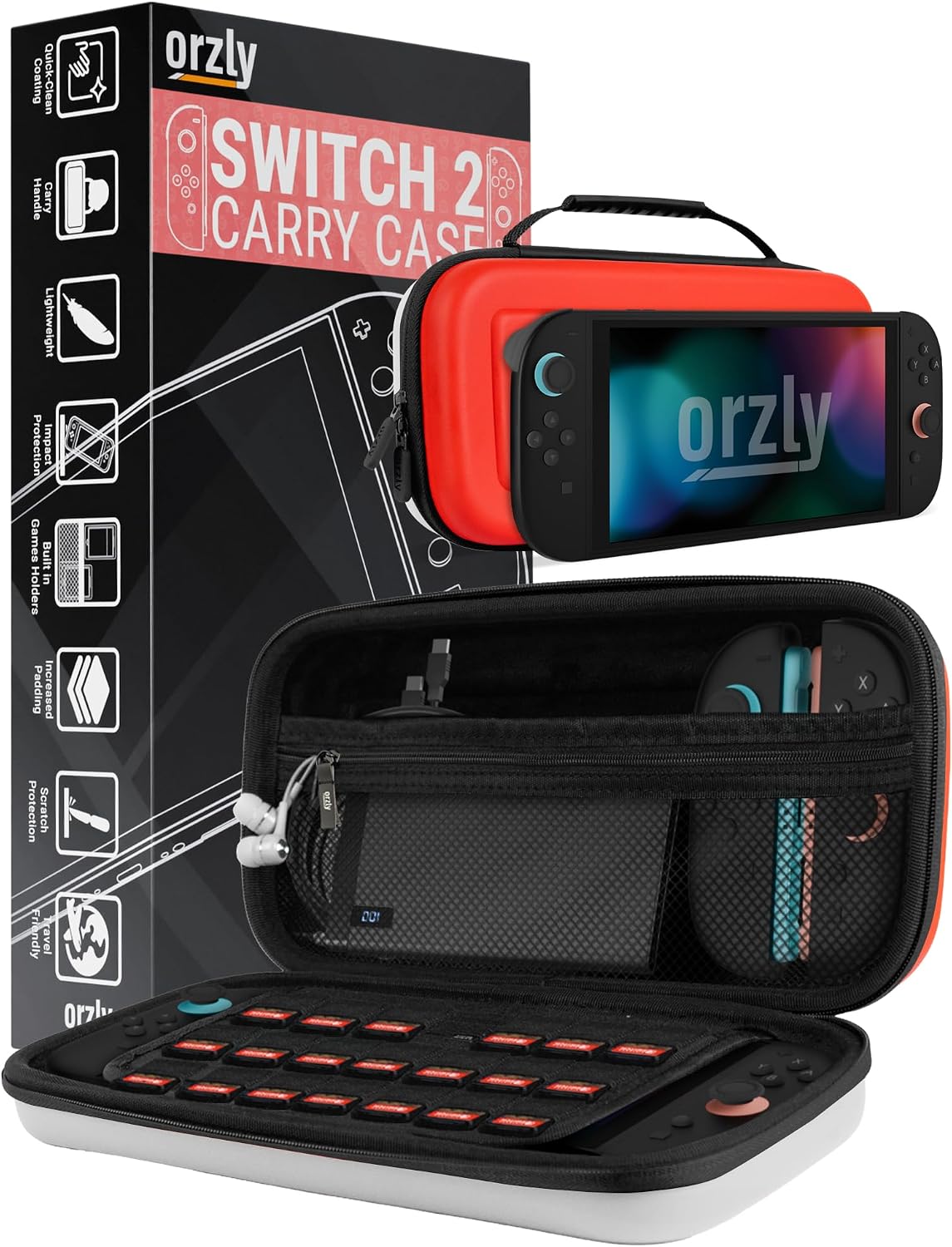 Orzly Carry Case for Nintendo Switch Lite Protective Hard Shell Portable Travel Carry Case with Storage for Accessories & Game Cartridges (Red & White)