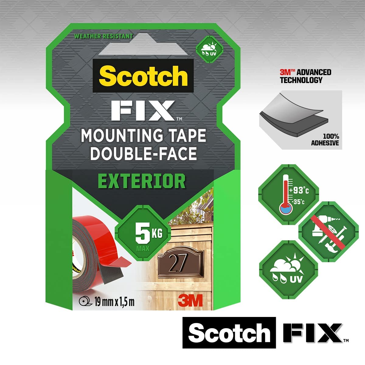 Scotch-Fix Double-Sided Extreme Exterior Mounting Tape, 19mm x 1,5m - For Outdoor Extreme Use, Weather Resistant, Permanent Tape, 100% Adhesive, 3M Advanced Technology - Holds up to 10kg