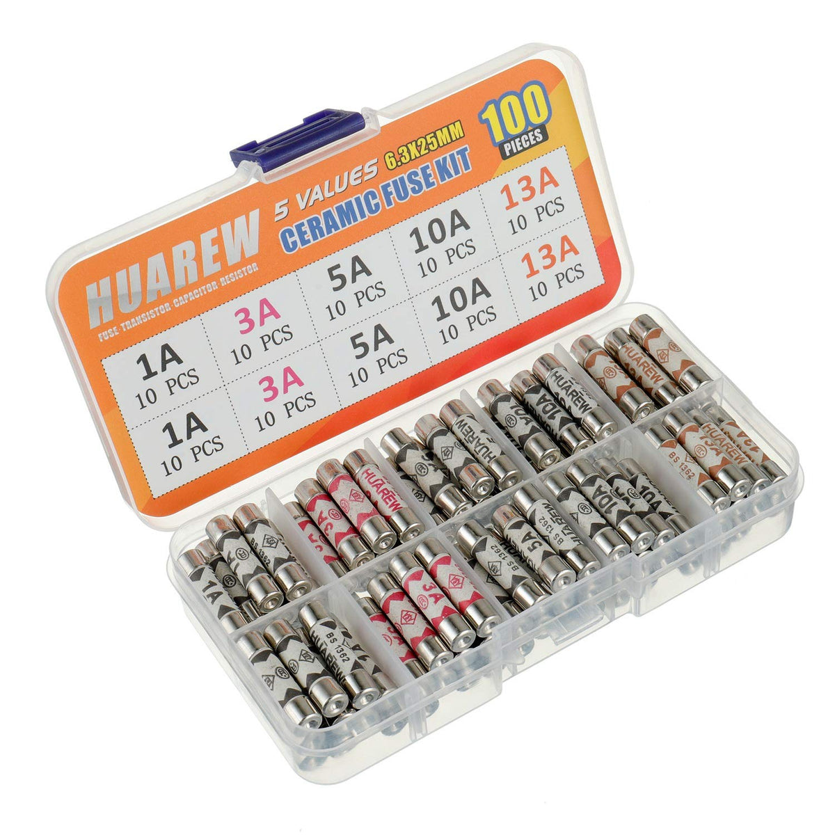 5 Values 100 Pcs 6.3x25 mm BS1362 1 3 5 10 13 A amp 240 V volt 0.248x0.984 Inch Ceramic Tube Fuses Assortment Kit