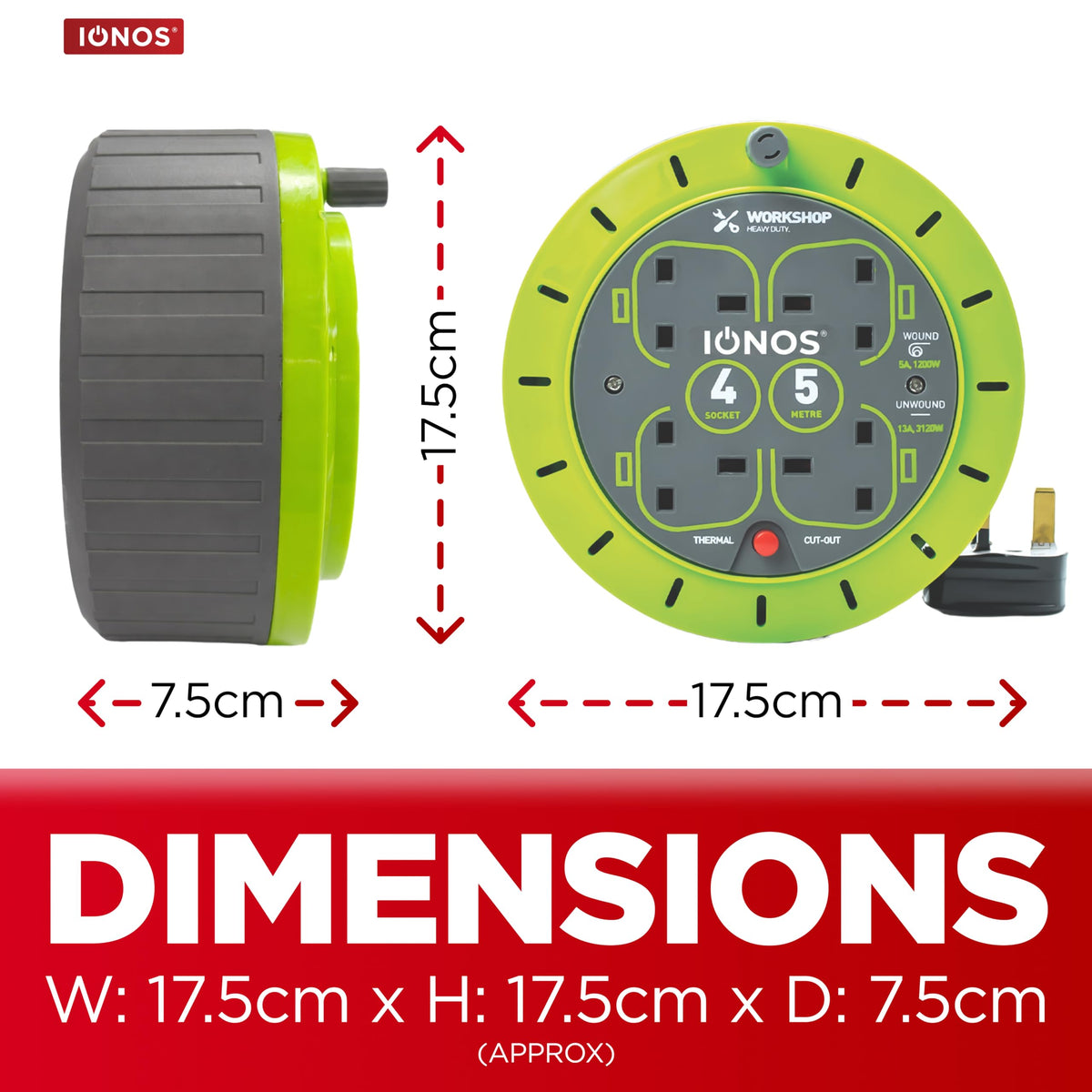 IONOS 2 Socket Cable Reel, 10m Outdoor Garden Extension Lead, DIY