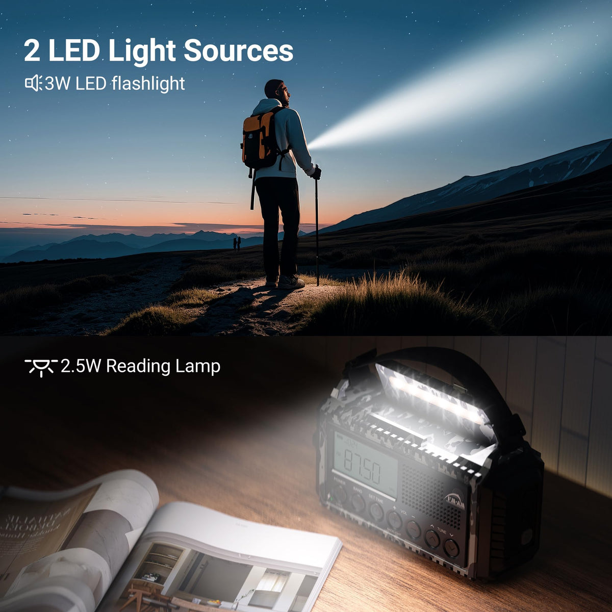 Mesqool Wind Up Radio Solar Powered, 5000mAh Emergency Hand Crank AM FM Radio with Flashlight, Reading Lamp, USB Phone Charger, SOS Alarm and Compass