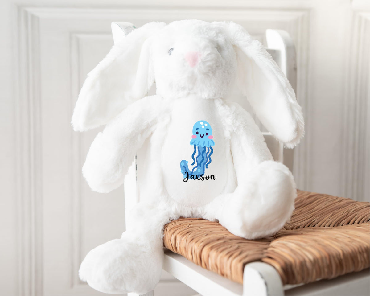 Crafted Memories - Personalised Teddy | Velveteen Bunny Soft Toy | Customisable Name for Newborns | Keepsake for Boys & Girls | Baby Shower Item | Pink Initial | Grey or White, 20-23cm