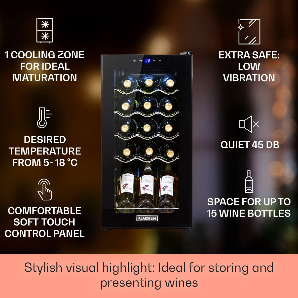 KLARSTEIN Shiraz Wine Cooler Black – 8 Bottles, 1 Zone | Freestanding Wine Fridge with Glass Door, Quiet, 5–18 °C, LED, Stainless Steel Frame