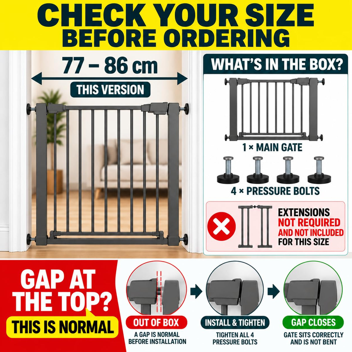 For Your Little One Pressure Fit Safety Stair Gate – 100–107 cm – 2 x 7 cm Extensions Included – No Screws Needed | One-Hand Opening | Baby & Pet Gate for Stairs & Doorways, Grey