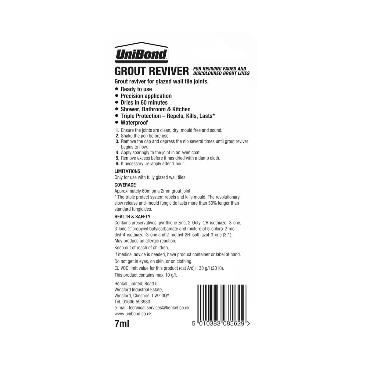 Unibond Grout Reviver Pen, White Grout Pen for Bathroom Grout Joints, Easy to Use Tile Grout Pen, Whitener for Restoring Discoloured & Faded Joints, 1x7ml