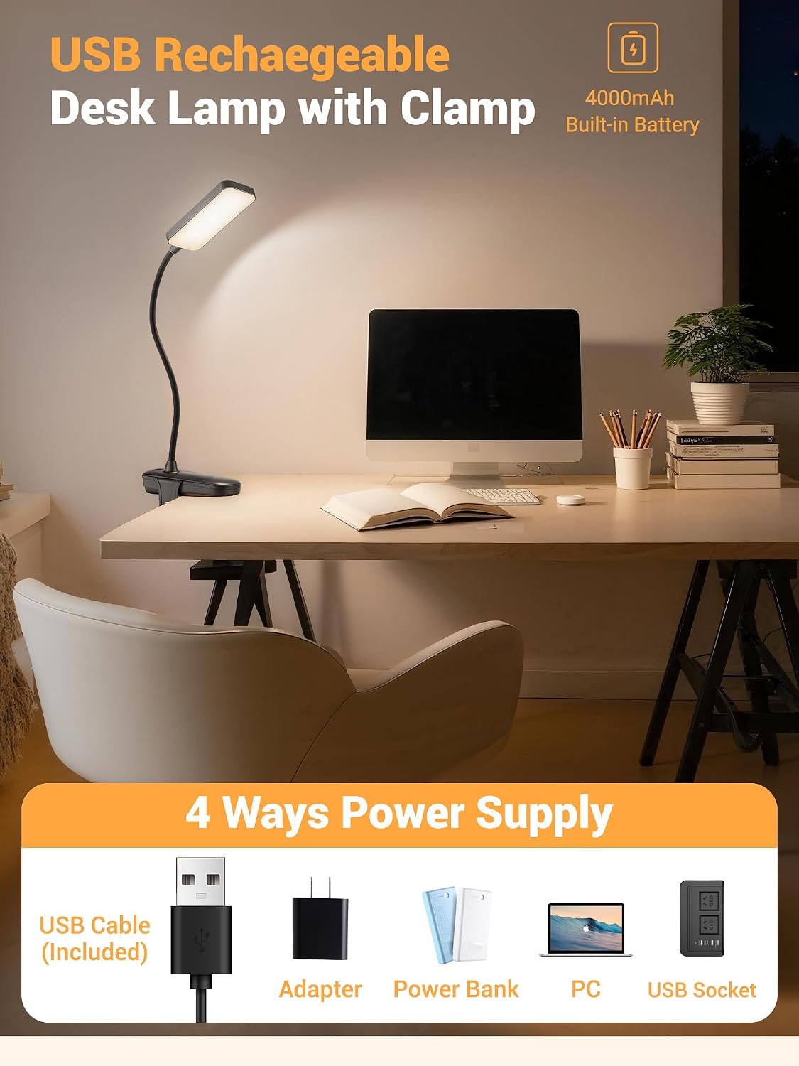 Reading Light,9 Brightness+5 Colors Clip on Light, LED Desk Lamp Table Lamp