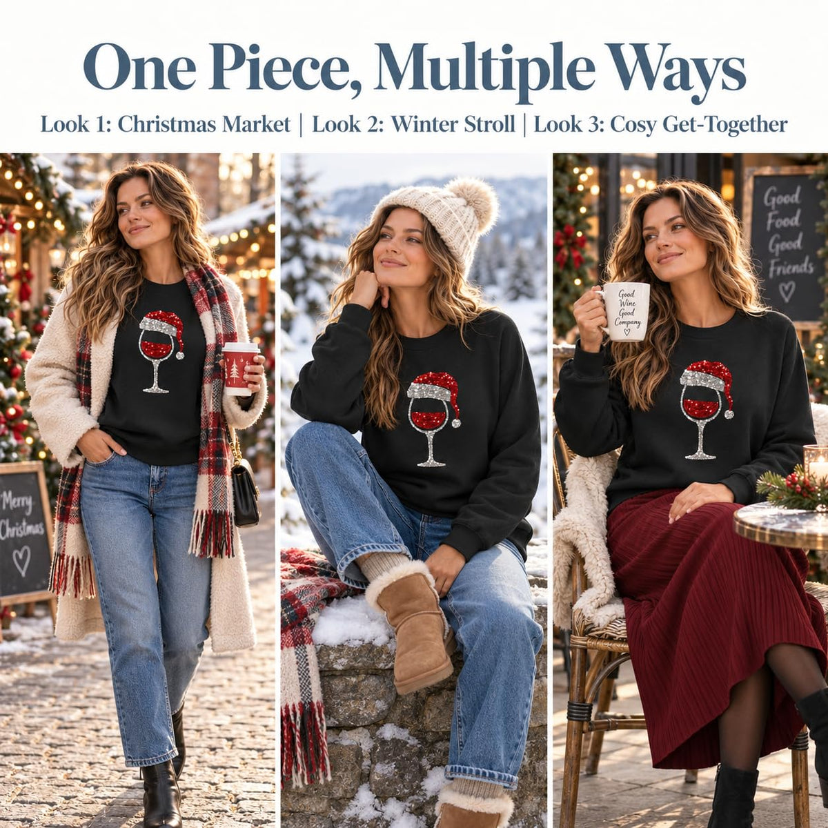 Christmas Jumpers Women Wine Graphic Sequin Sweatshirts Ladies Xmas Tops