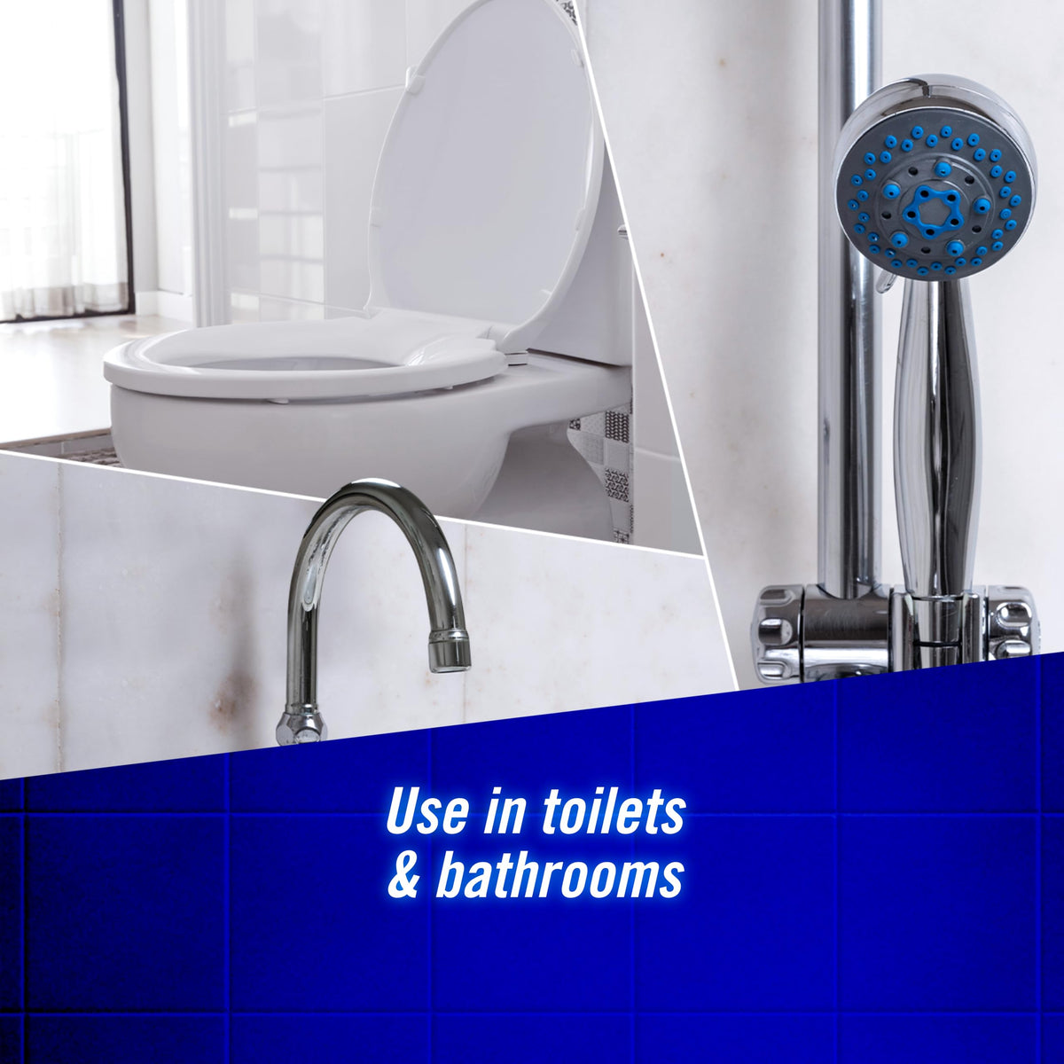 Domestos Power Foam Arctic Fresh Toilet & Bathroom Cleaner Spray sprays upside down & eliminates 99.99% of germs* for cleaning inside the toilet & around the bathroom 450 ml
