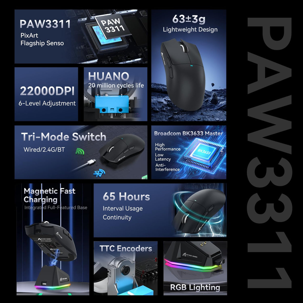 ATTACK SHARK X11 Gaming Mouse with Magnetic Charging Dock, PixArt PAW3311 Gaming Sensor, BT/2.4G Wireless/Wired Gaming Mouse with Mouse Grip Tape, 22000 DPI, Gamer Mice for Win11/Xbox/PS/Mac (Red)