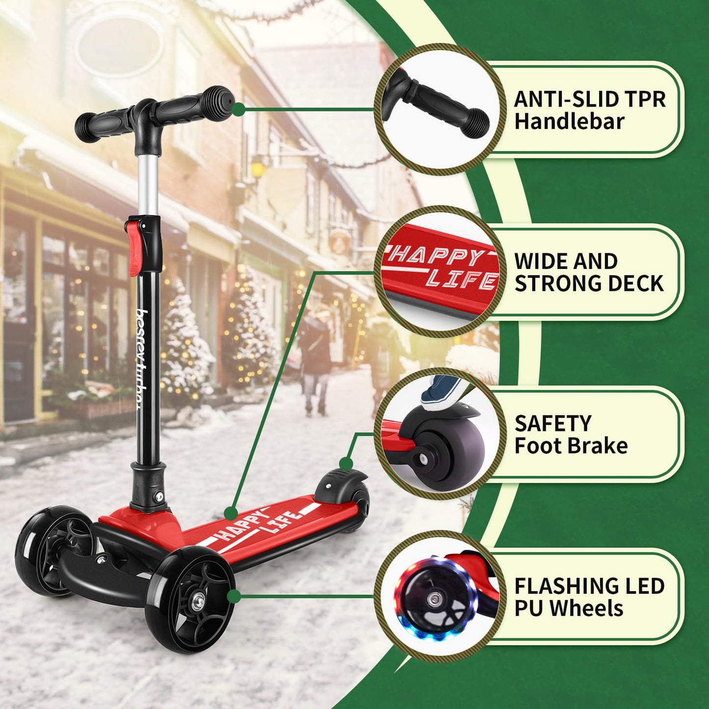 besrey 3-Wheel Toddler Scooter with Lean-to-Steer — Foldable, Anti-Slip Deck | Max 50 kg