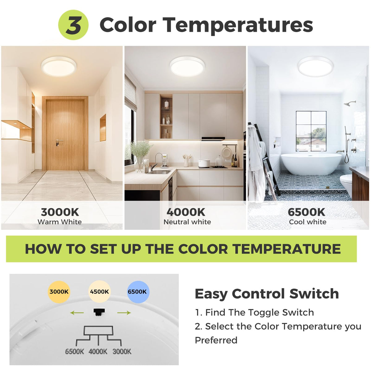 hepside Bathroom Light, 3000K/4000K/6500K 3 Color Temperature LED Ceiling Light, 15W 1500LM, Waterproof, Round, Small, Modern, Flush Ceiling Light for Bathroom, Kitchen, Bedroom, Black
