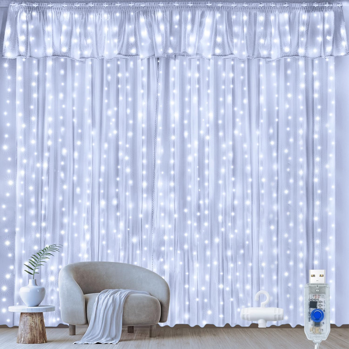 Ollny Curtain Fairy Lights, 300LED 3mx3m Waterfall Hanging String Lights