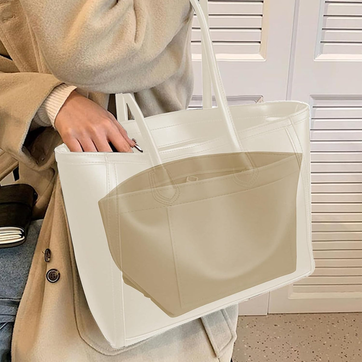 Multi-pocket felt tote bag for inserting a wallet, folding tote organizer insert Longchamp (khaki, L)