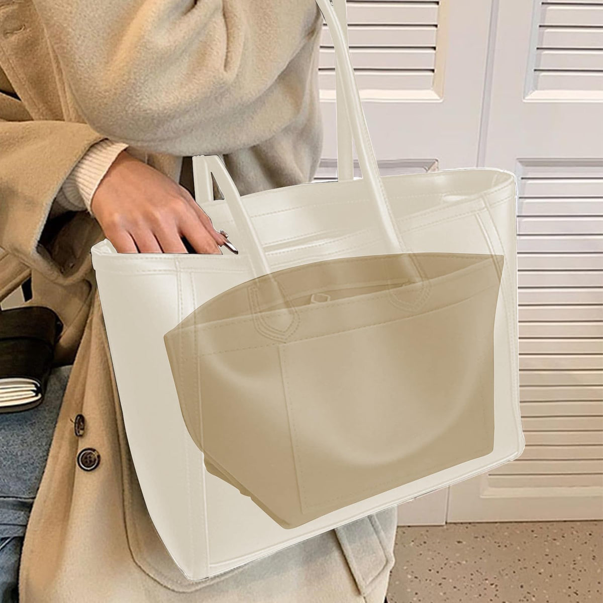 Multi-pocket felt tote bag for inserting a wallet, folding tote organizer insert Longchamp (khaki, L)