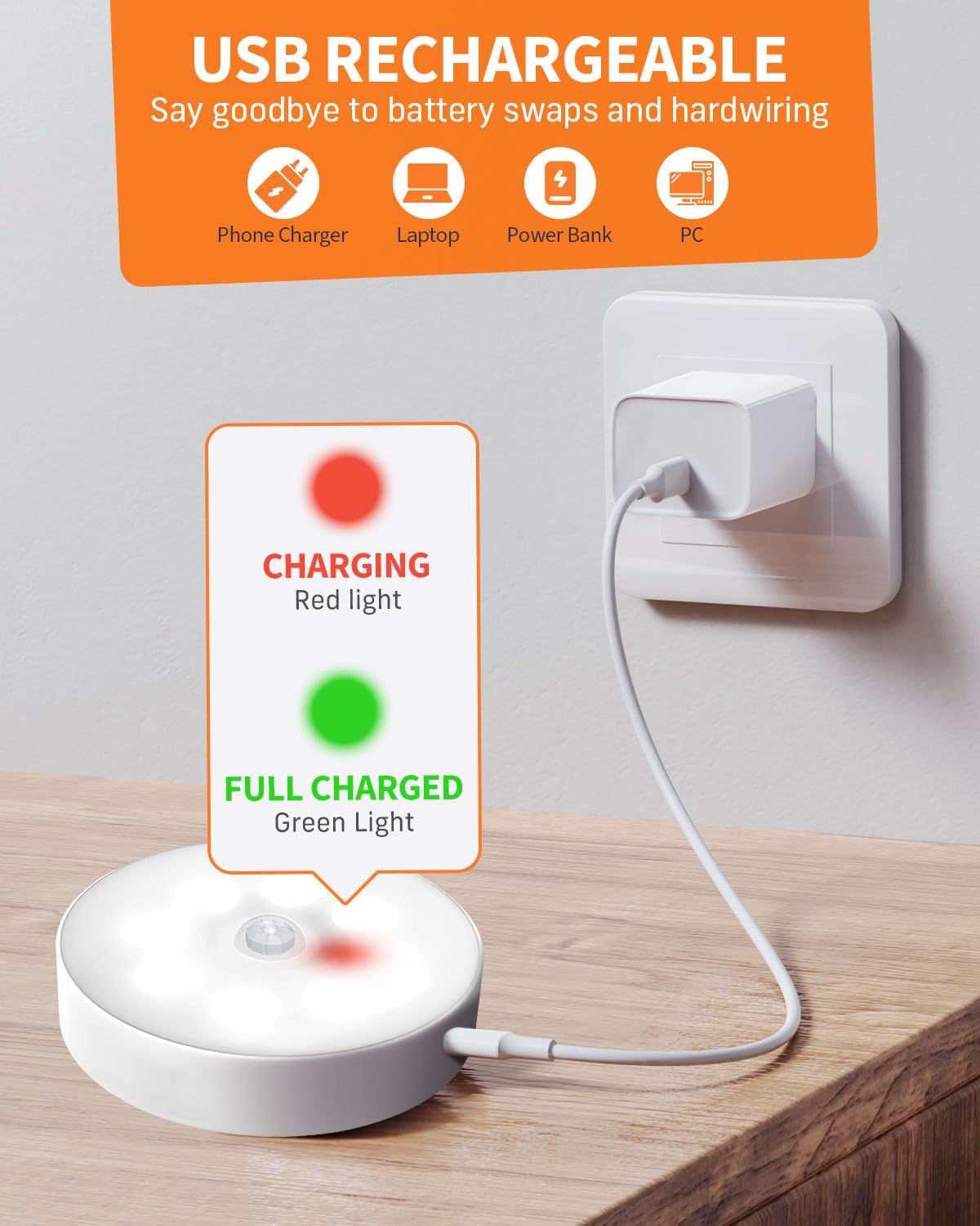 Motion Sensor Lights Indoor, 6 Pack Cupboard Lights, Stair Lights Night Lights, 3 Modes USB Charging Wall Lights, Magnetic Sensor Lights Indoors for Kitchen Stair Closet Under Cabinet